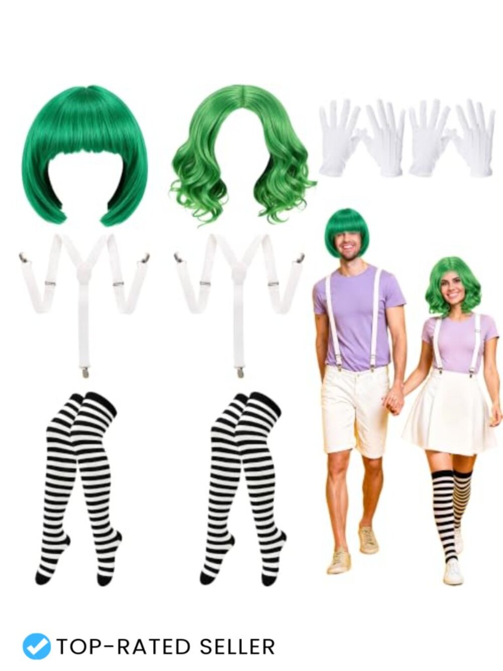 8pc Halloween Costume Accessory Set Wig Suspenders Gloves Socks